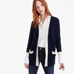 J Crew, EUC, M, 100% Cashmere Navy Cardigan with Cream Trim